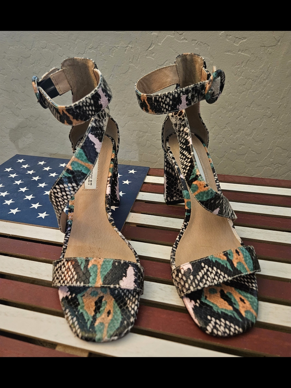 Chelsea & Violet Multicolor Snake-Print Ankle-Strap Block Heel Sandals - Picture 1 of 5